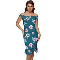 Cute Flowers Seamless Model Spring Off Shoulder Ruffle Split Hem Bodycon Dress by Grandong