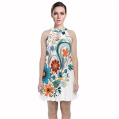 Flowers Scrapbook Decorate Velvet Halter Neckline Dress  by Grandong