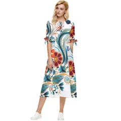 Flowers Scrapbook Decorate Bow Sleeve Chiffon Midi Dress by Grandong