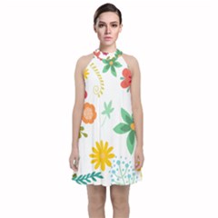 Flowers Leaves Background Floral Velvet Halter Neckline Dress  by Grandong