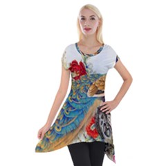 Birds Peacock Artistic Colorful Flower Painting Short Sleeve Side Drop Tunic by Sarkoni