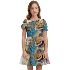 Birds Peacock Artistic Colorful Flower Painting Kids  Puff Sleeved Dress by Sarkoni