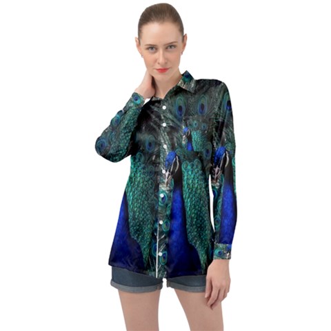 Blue And Green Peacock Long Sleeve Satin Shirt by Sarkoni