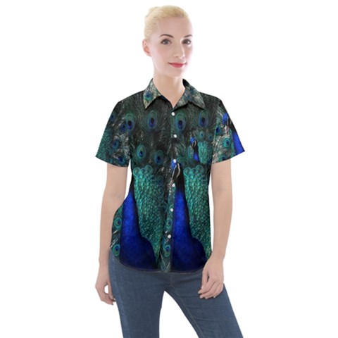 Blue And Green Peacock Women s Short Sleeve Pocket Shirt by Sarkoni