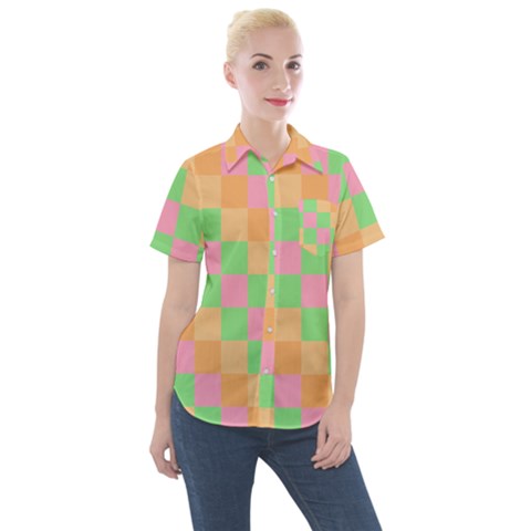 Checkerboard Pastel Squares Women s Short Sleeve Pocket Shirt by Grandong