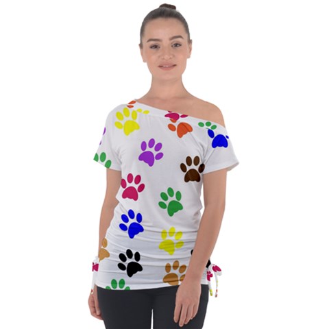 Pawprints Paw Prints Paw Animal Off Shoulder Tie-up T-shirt by Apen