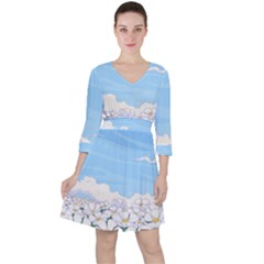 White Petaled Flowers Illustration Adventure Time Cartoon Quarter Sleeve Ruffle Waist Dress by Sarkoni