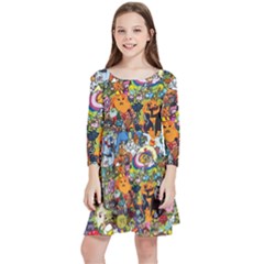 Cartoon Characters Tv Show  Adventure Time Multi Colored Kids  Quarter Sleeve Skater Dress by Sarkoni