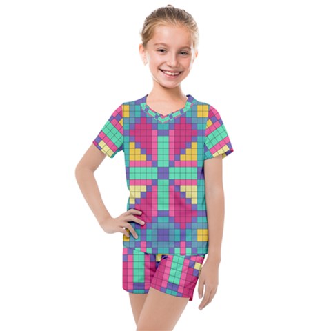 Checkerboard Squares Abstract Texture Patterns Kids  Mesh T-shirt And Shorts Set by Apen