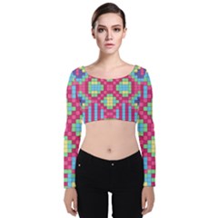 Checkerboard Squares Abstract Texture Pattern Velvet Long Sleeve Crop Top by Apen