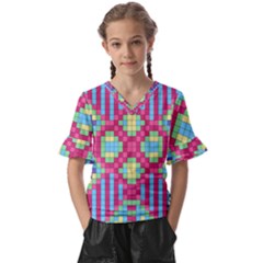 Checkerboard Squares Abstract Texture Pattern Kids  V-neck Horn Sleeve Blouse by Apen