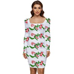 Sweet Christmas Candy Cane Women Long Sleeve Ruched Stretch Jersey Dress by Modalart