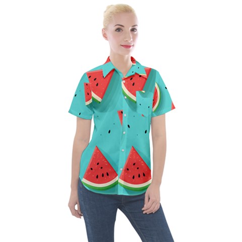 Watermelon Fruit Slice Women s Short Sleeve Pocket Shirt by Bedest