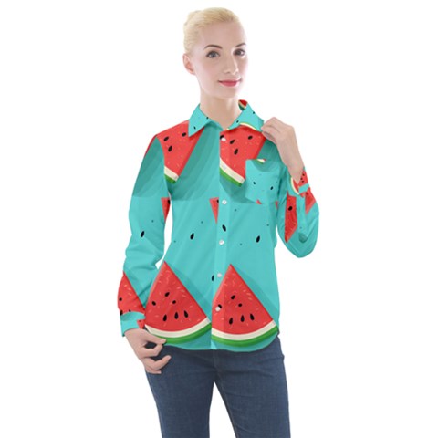 Watermelon Fruit Slice Women s Long Sleeve Pocket Shirt by Bedest