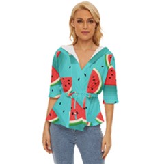 Watermelon Fruit Slice Lightweight Drawstring Hooded Top by Bedest