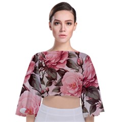 Rose Flower Seamless Tie Back Butterfly Sleeve Chiffon Top by Bedest