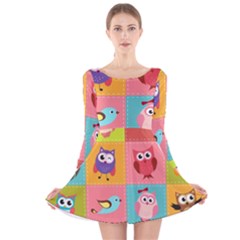 Owls Pattern Abstract Art Desenho Vector Cartoon Long Sleeve Velvet Skater Dress by Bedest