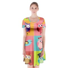 Owls Pattern Abstract Art Desenho Vector Cartoon Short Sleeve V-neck Flare Dress by Bedest