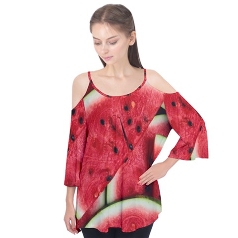 Watermelon Fruit Green Red Flutter Sleeve T-shirt  by Bedest