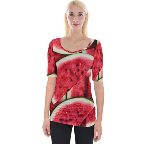 Watermelon Fruit Green Red Wide Neckline T-shirt by Bedest