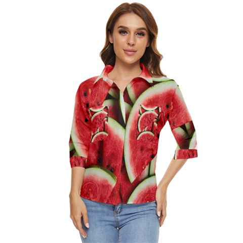 Watermelon Fruit Green Red Women s Quarter Sleeve Pocket Shirt by Bedest