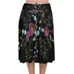 Embroidery Trend Floral Pattern Small Branches Herb Rose Velvet Flared Midi Skirt by Ndabl3x