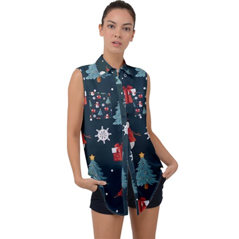 Snowmen Christmas Trees Sleeveless Chiffon Button Shirt by Ravend