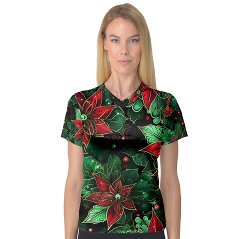 Flower Floral Pattern Christmas V-neck Sport Mesh T-shirt by Ravend