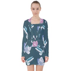 Butterfly Pattern Dead Death Rose V-neck Bodycon Long Sleeve Dress by Ravend