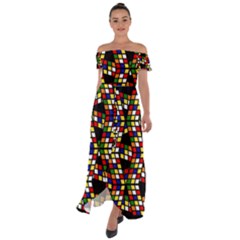 Graphic Pattern Rubiks Cube Cubes Off Shoulder Open Front Chiffon Dress by Ravend