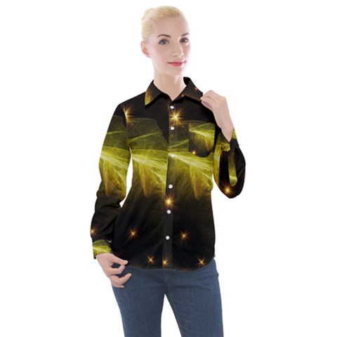 Particles Vibration Line Wave Women s Long Sleeve Pocket Shirt by Amaryn4rt