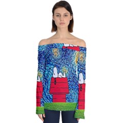 Cartoon Dog Starry Night Van Gogh Parody Off Shoulder Long Sleeve Top by Modalart