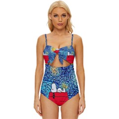 Cartoon Dog Starry Night Van Gogh Parody Knot Front One-piece Swimsuit by Modalart