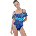 Starry Night Van Gogh Painting Art City Scape Frill Detail One Piece Swimsuit View1