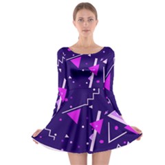 Purple Blue Geometric Pattern Long Sleeve Skater Dress by Pakjumat