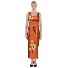 Amber Yellow Stripes Leaves Floral Fitted Maxi Dress by Pakjumat