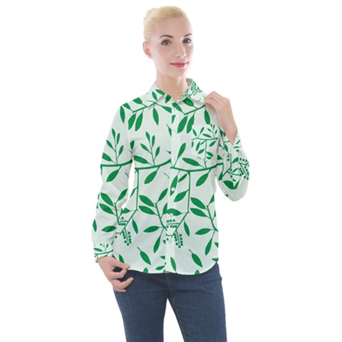 Leaves Foliage Green Wallpaper Women s Long Sleeve Pocket Shirt by Amaryn4rt