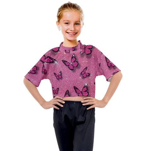 Pink Glitter Butterfly Kids Mock Neck T-shirt by Modalart