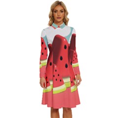 Watermelon Fruit Long Sleeve Shirt Collar A-line Dress by Modalart