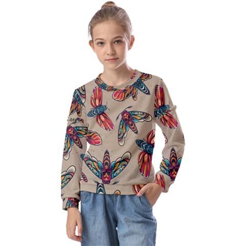 Tattoos Colorful Seamless Pattern Kids  Long Sleeve T-shirt With Frill  by Bedest