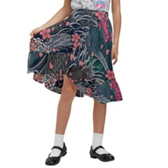 Japanese Wave Koi Illustration Seamless Pattern Kids  Ruffle Flared Wrap Midi Skirt by Bedest