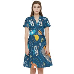 Seamless Pattern Vector Submarine With Sea Animals Cartoon Short Sleeve Waist Detail Dress by Bedest