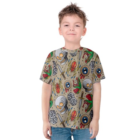 Tattoo Pattern Kids  Cotton T-shirt by Bedest