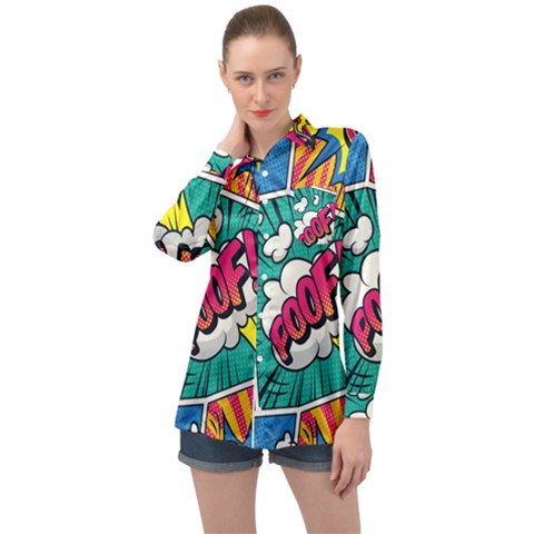 Comic Colorful Seamless Pattern Long Sleeve Satin Shirt by Bedest