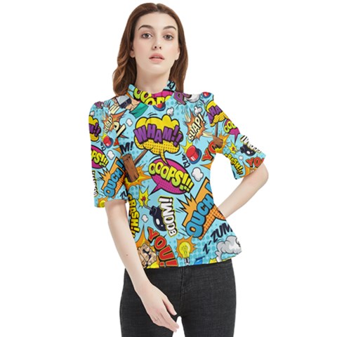 Comic Elements Colorful Seamless Pattern Frill Neck Blouse by Bedest