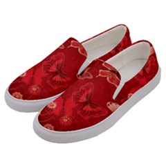 Four Red Butterflies With Flower Illustration Butterfly Flowers Men s Canvas Slip Ons by Pakjumat