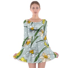 Narcissus Floral Botanical Flowers Long Sleeve Skater Dress by Pakjumat