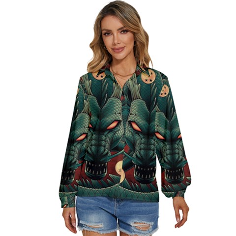 Dragon Art Women s Long Sleeve Button Up Shirt by Pakjumat