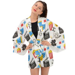 Cinema Icons Pattern Seamless Signs Symbols Collection Icon Long Sleeve Kimono by Pakjumat