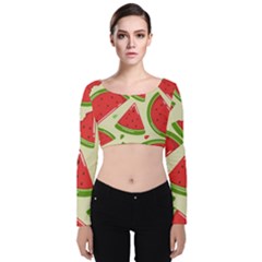 Cute Watermelon Seamless Pattern Velvet Long Sleeve Crop Top by Pakjumat